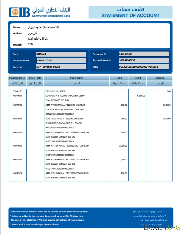 Modèle de relevé bancaire EGYPTE CIB, format Word et PDF